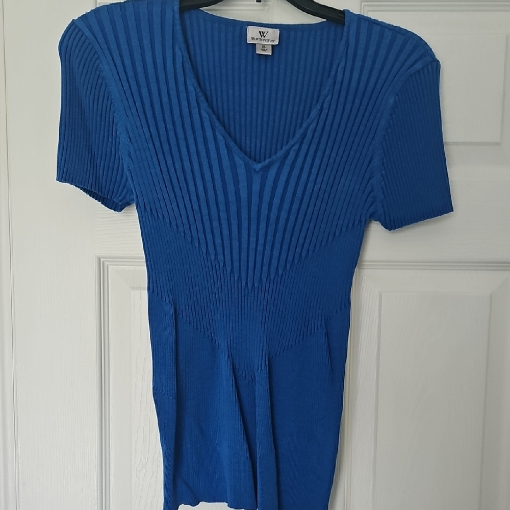 Worthington Bright Blue Ribbed V-Neck Short Sleeve Top